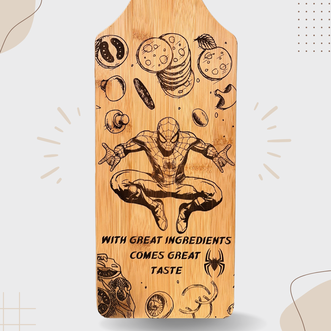 Bamboo Cutting Board with Spider-Man Engraving – "With Great Ingredients Comes Great Taste"