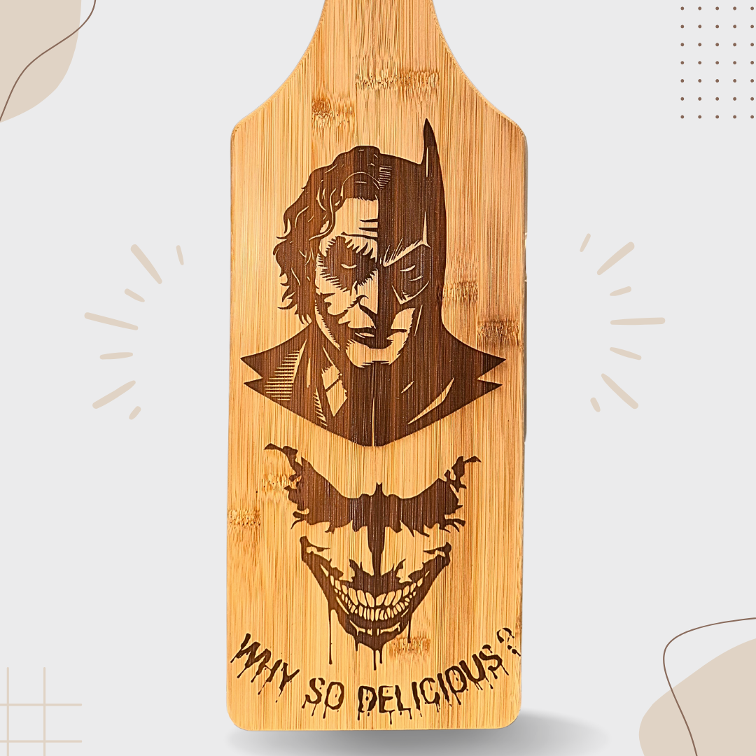 Batman and Joker Engraving – "Why So Delicious?". Bamboo Cutting Board