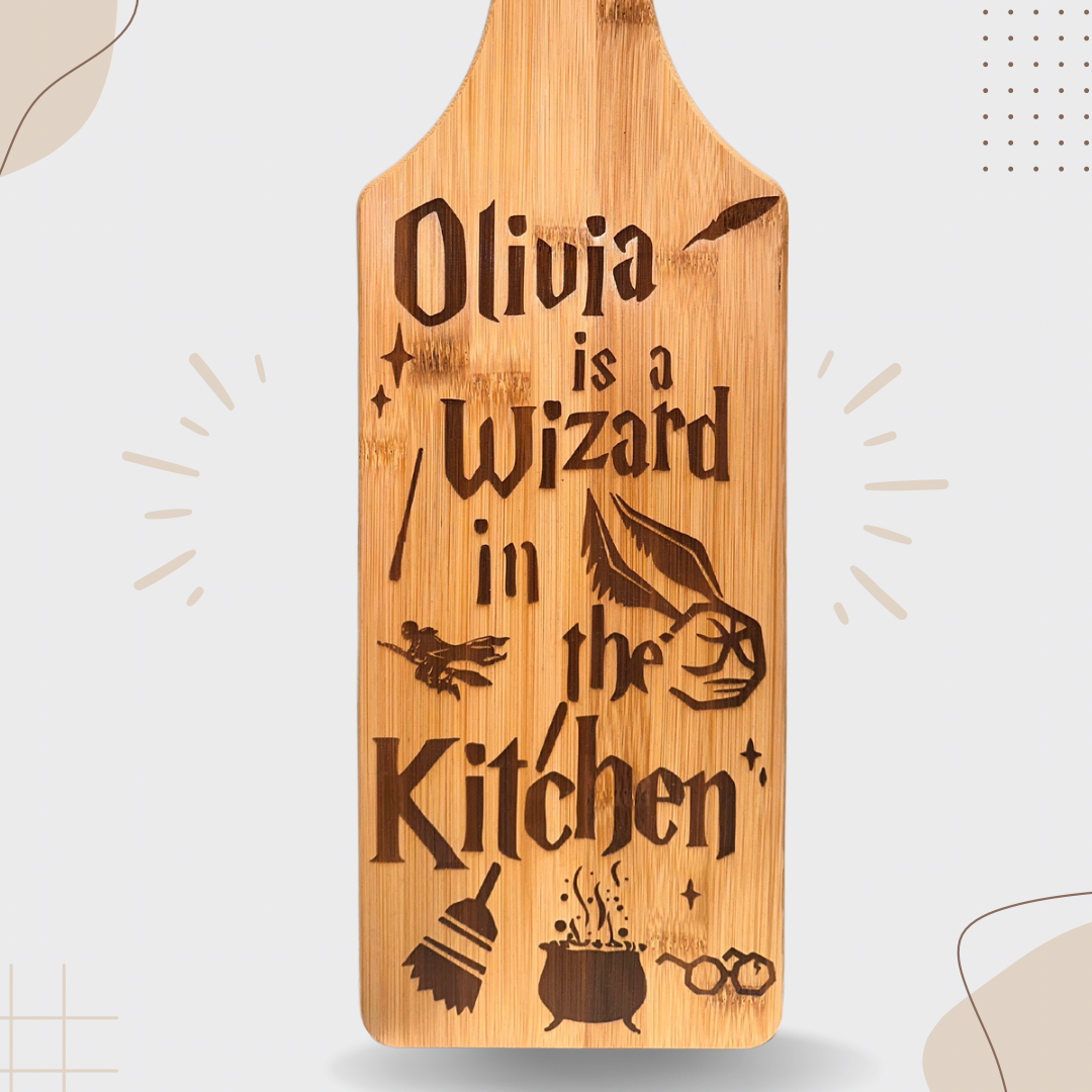 Personalized ‘Wizard in the kitchen’ Bamboo Cutting Board – Custom Name Engraving