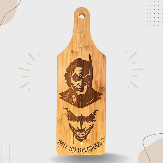 Batman and Joker Engraving – "Why So Delicious?". Bamboo Cutting Board