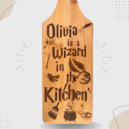 Personalized ‘Wizard in the kitchen’ Bamboo Cutting Board – Custom Name Engraving
