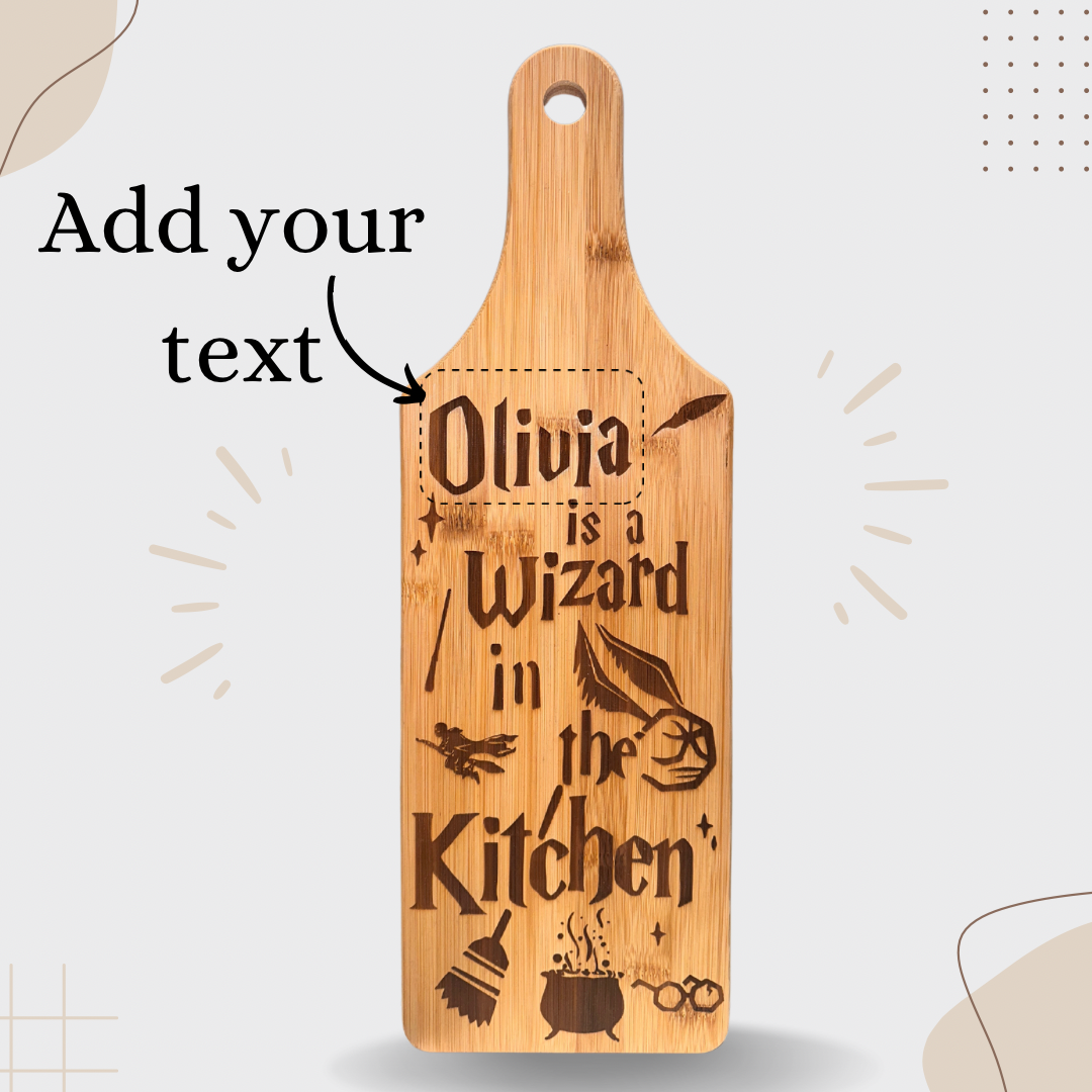 Personalized ‘Wizard in the kitchen’ Bamboo Cutting Board – Custom Name Engraving