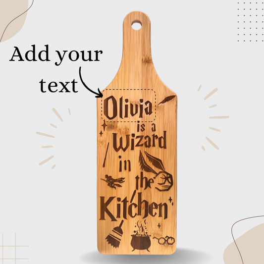 Personalized ‘Wizard in the kitchen’ Bamboo Cutting Board – Custom Name Engraving